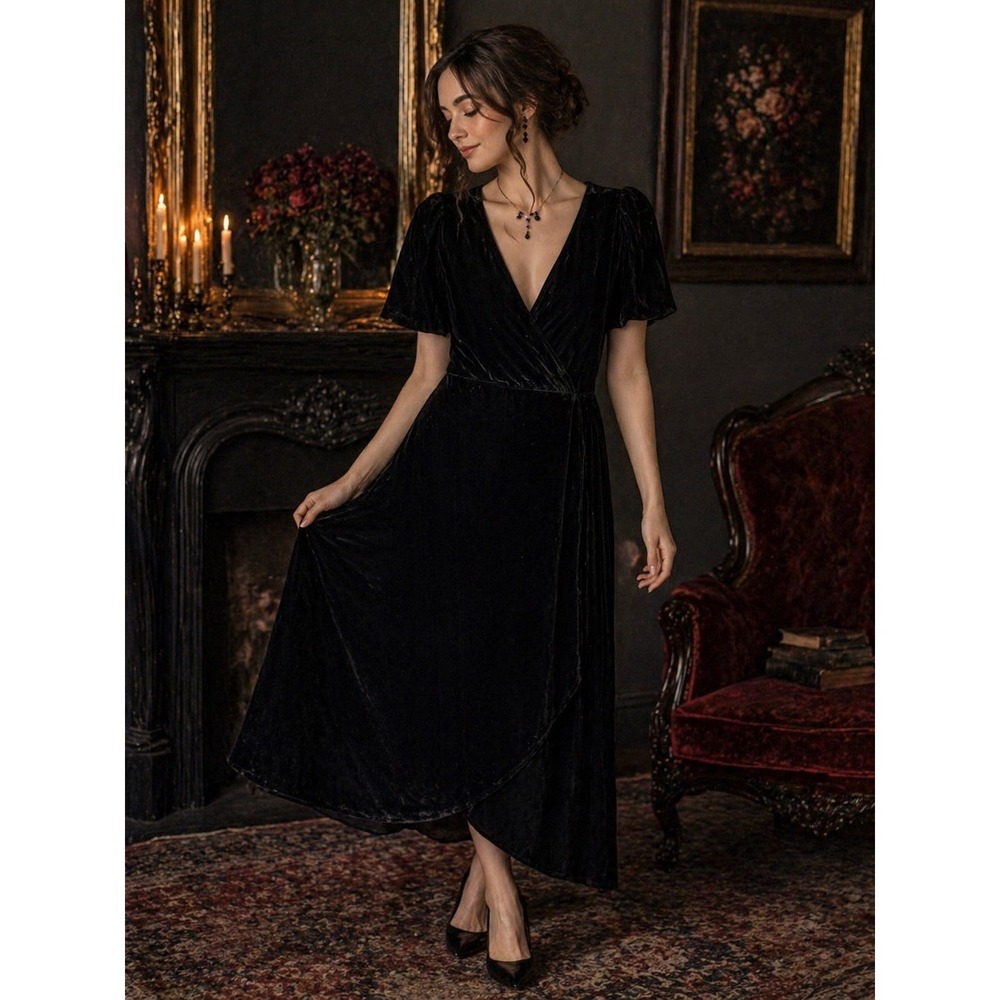 Gap Womens‎ Black Velvet Midi Wrap Dress Short Puff Sleeve V-Neck Size 6 NEW